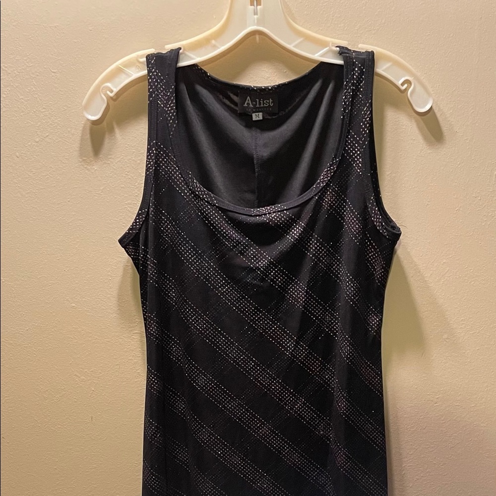 Long slinky black dress with gold sparkles
